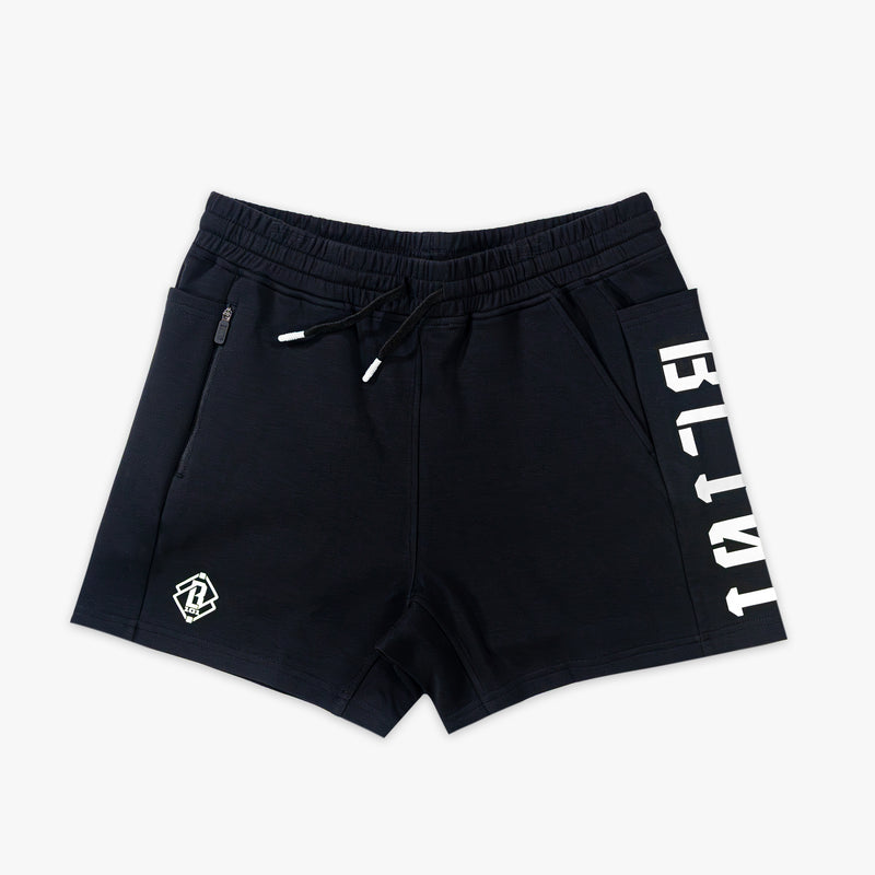 Black shorts with white BL101 text on a light gray background