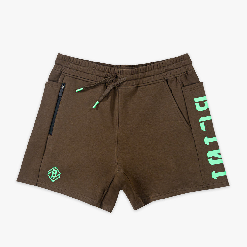 Brown shorts with green BL101 text on a white background