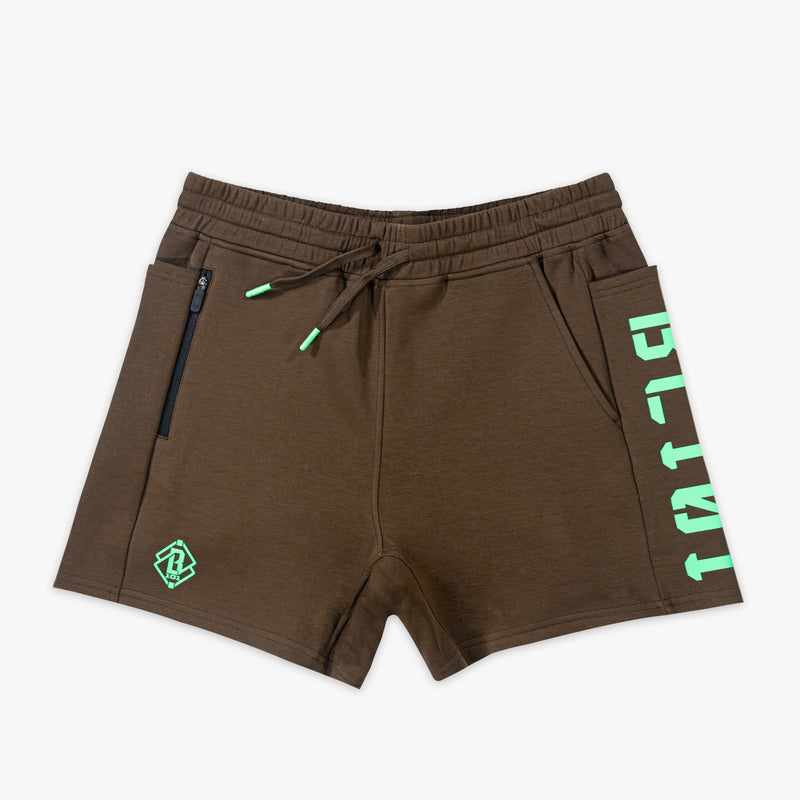 Brown shorts with green BL101 text on a white background