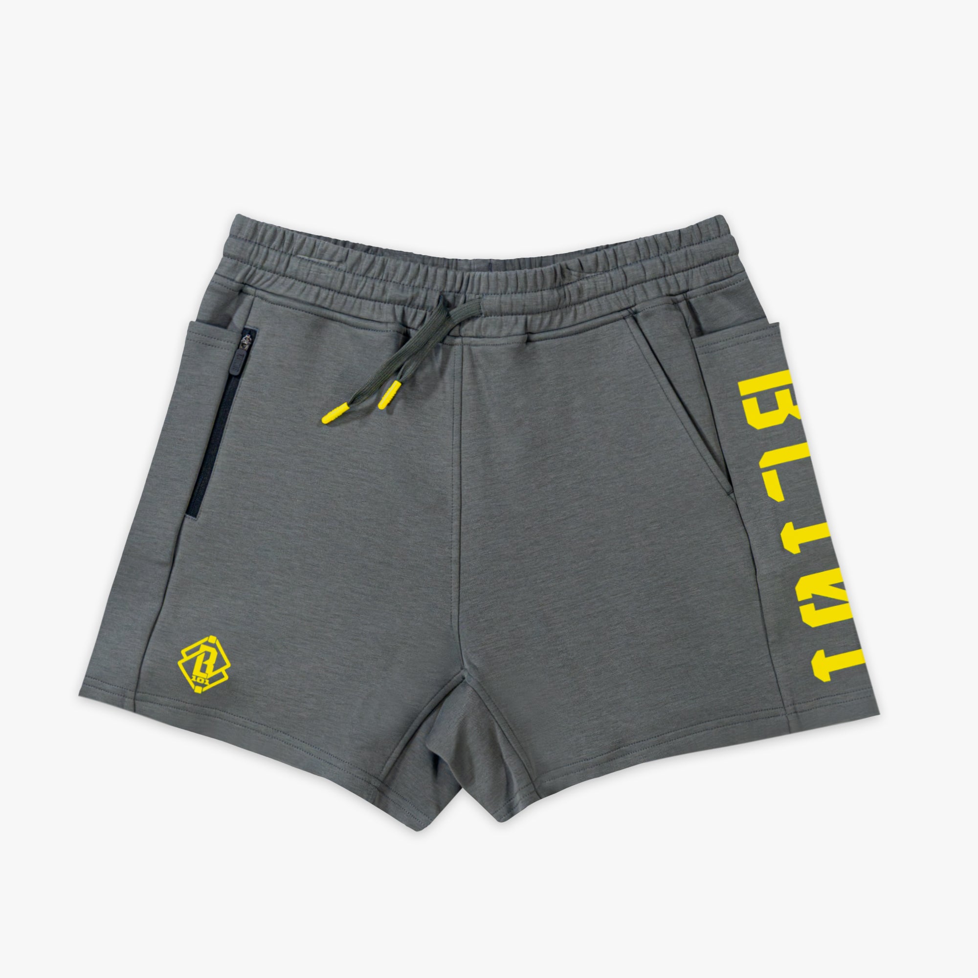 Gray shorts with yellow BL101 text on a white background