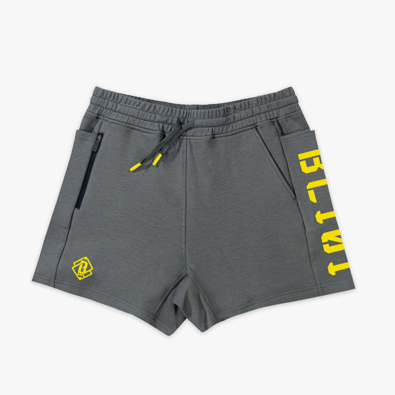 Gray shorts with yellow BL101 text on a white background