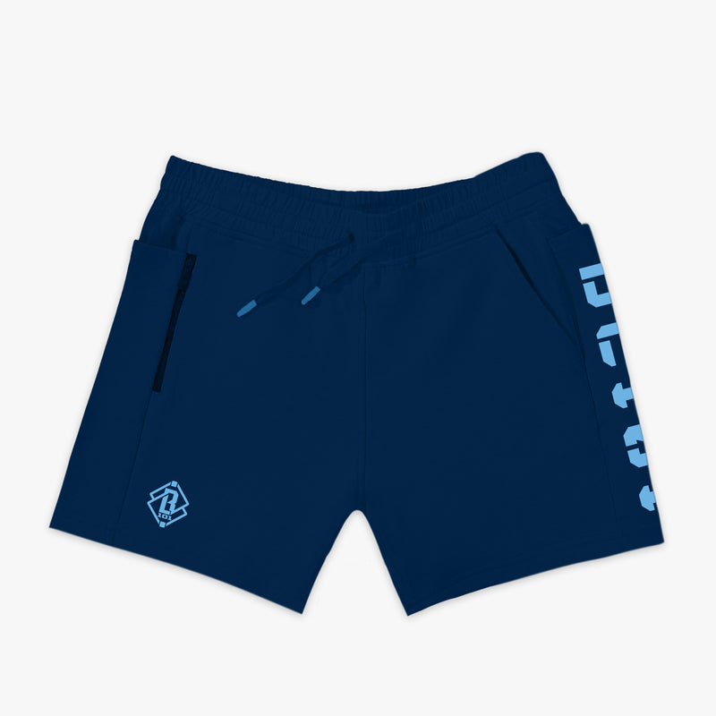 Navy blue shorts with light blue BL101 text 