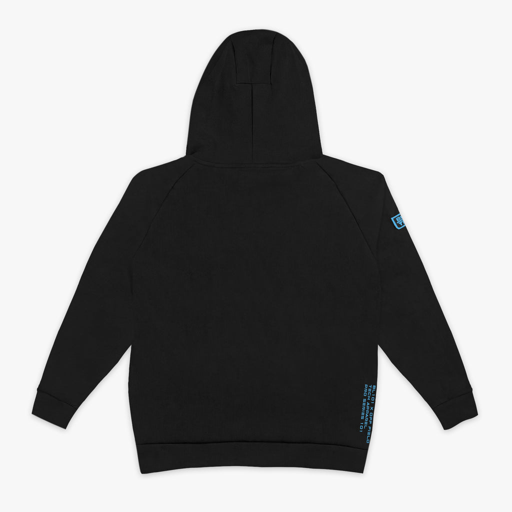 Black hoodie with a small blue logo on the sleeve against a white background