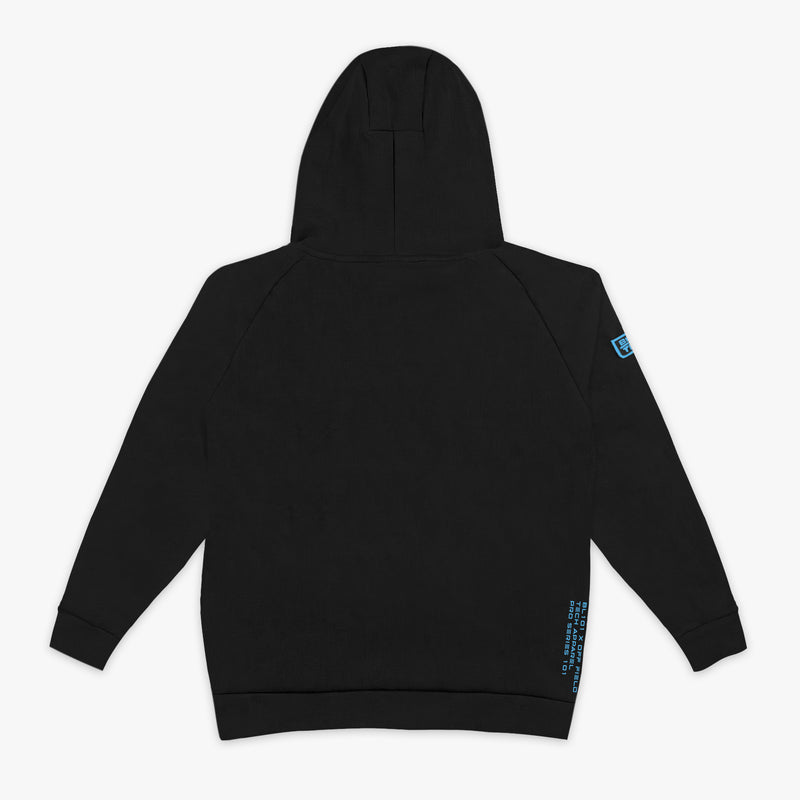 Black hoodie with a small blue logo on the sleeve against a white background