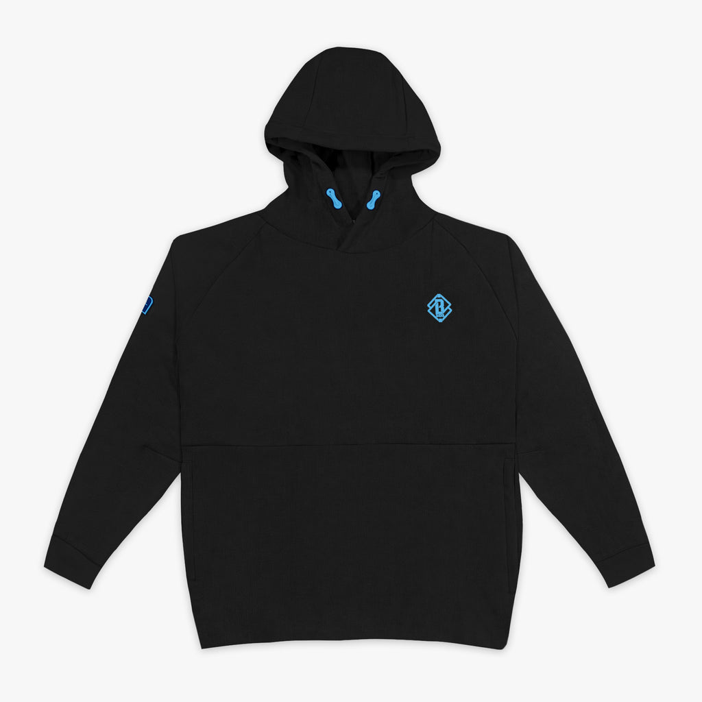 Black hoodie with blue BL101 logo on a white background