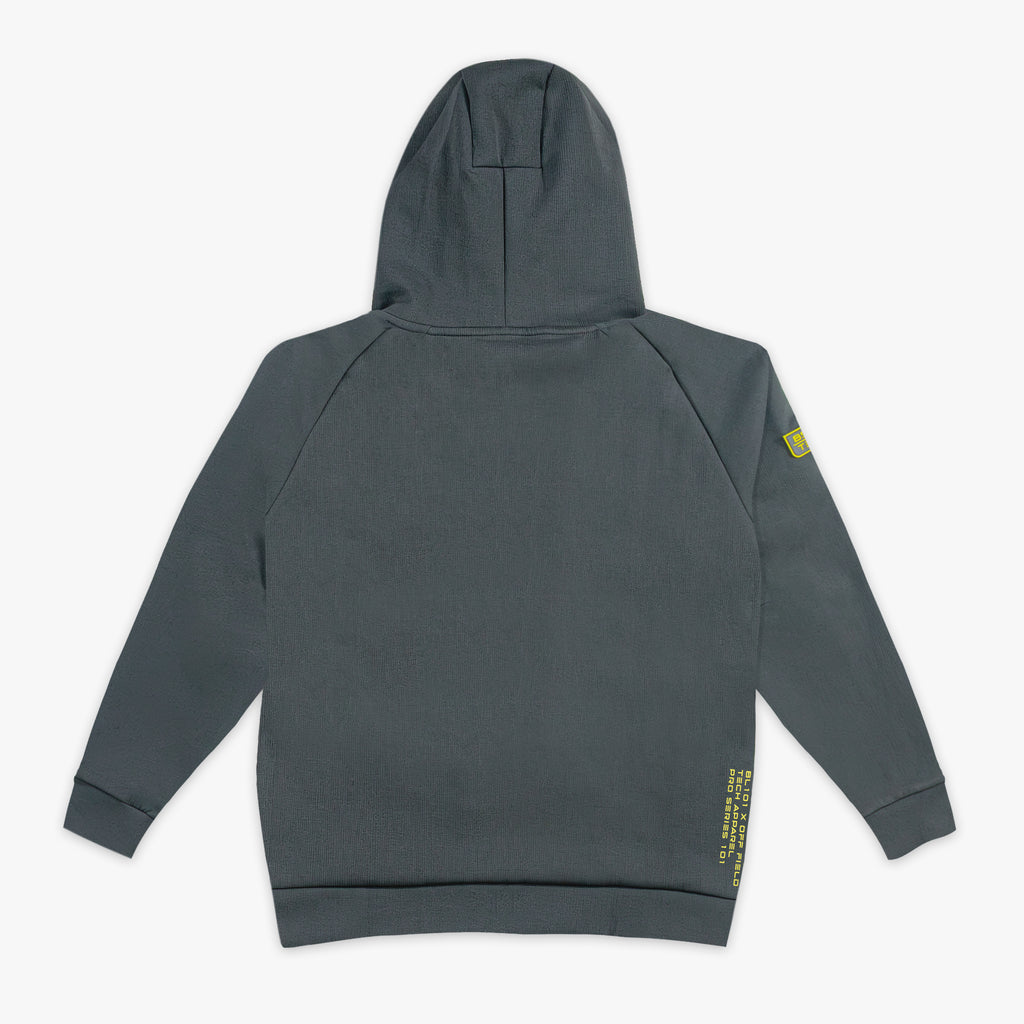 Gray hoodie with a yellow patch on the sleeve against a white background