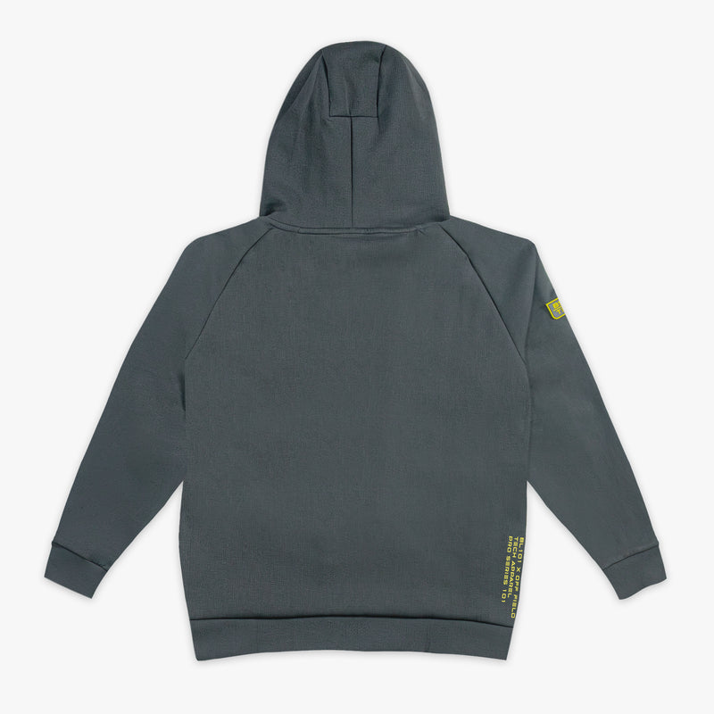 Gray hoodie with a yellow patch on the sleeve against a white background