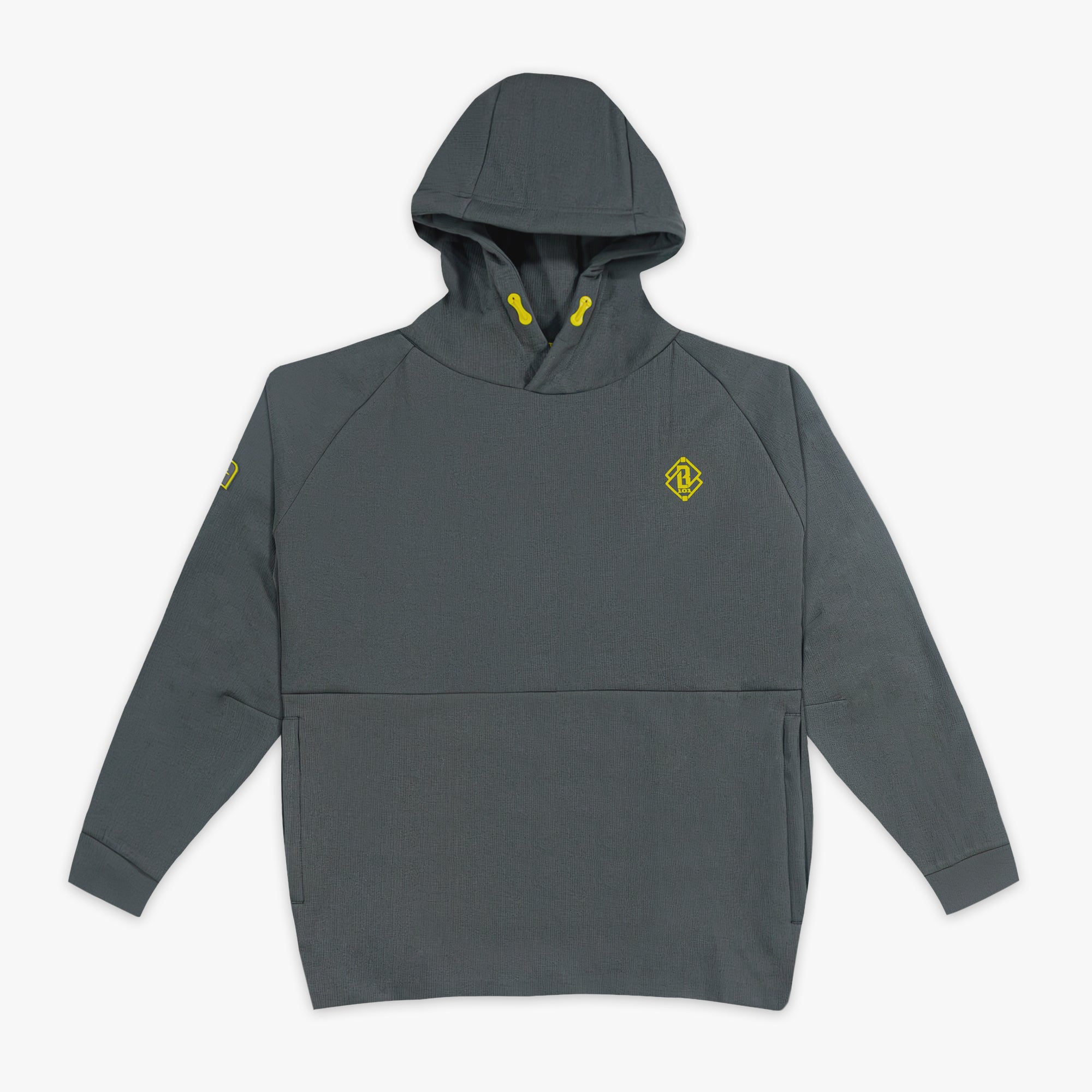 Gray hoodie with a yellow BL101 logo on a white background