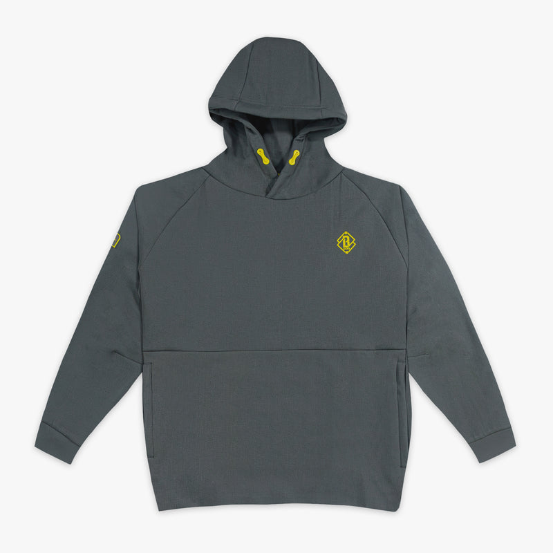 Gray hoodie with a yellow BL101 logo on a white background