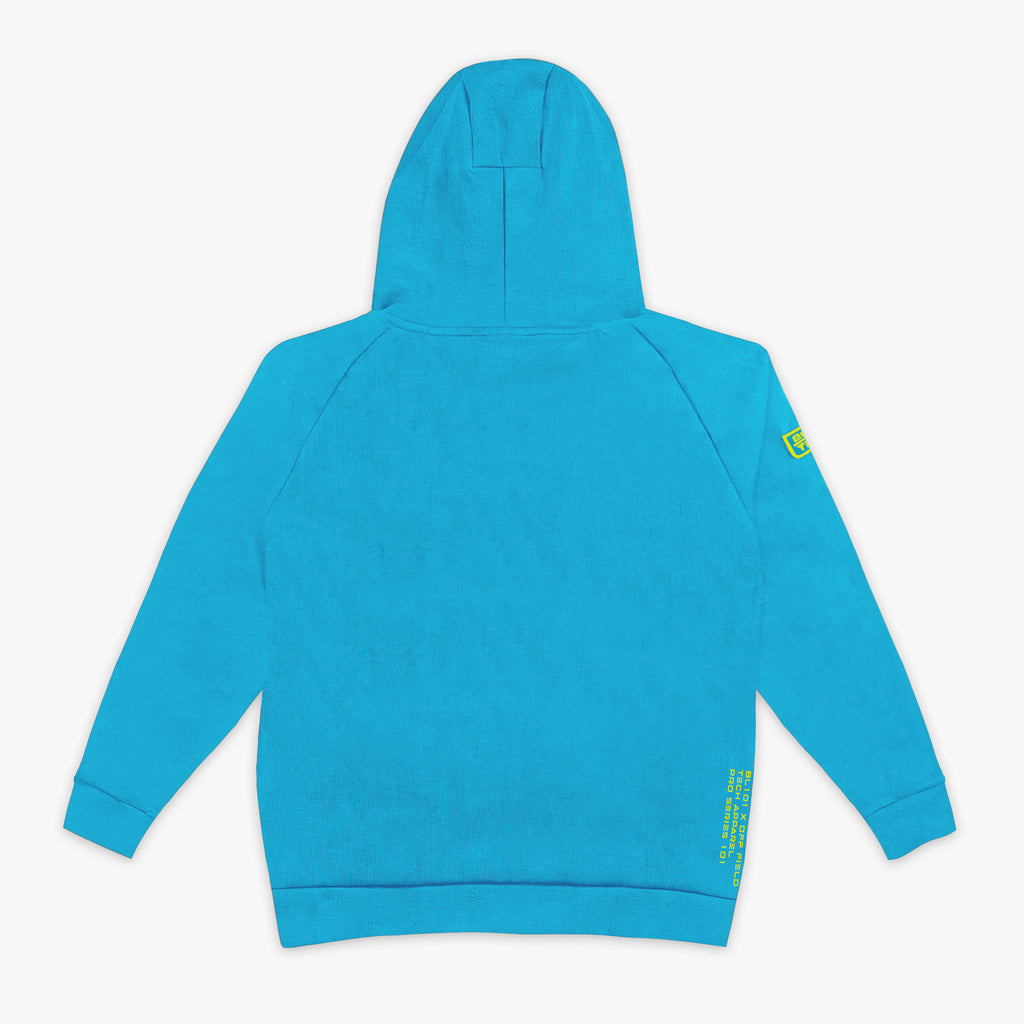 Blue hoodie with a yellow BL101 logo on the sleeve on a white background