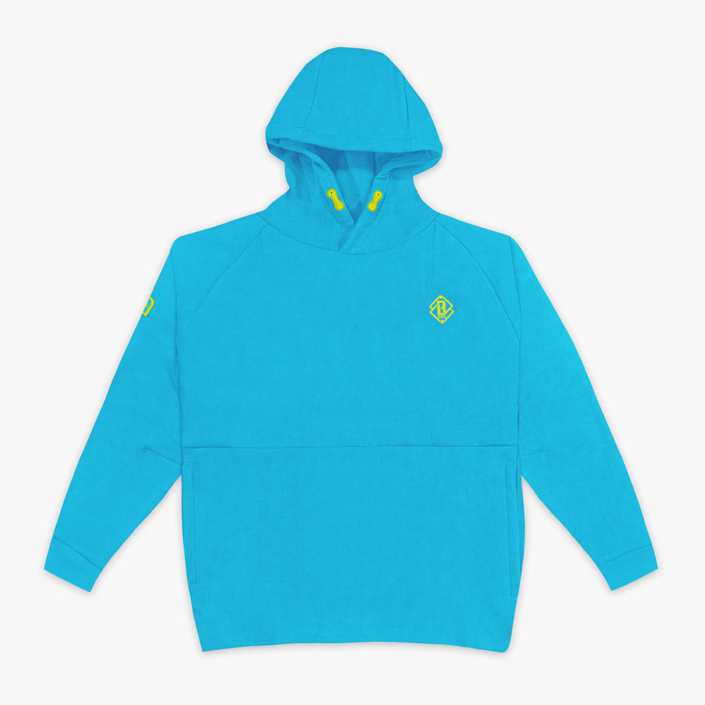 Blue hoodie with yellow BL101 logo on a white background