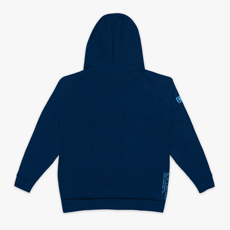 Navy blue hoodie with a brand logo on the sleeve against a white background