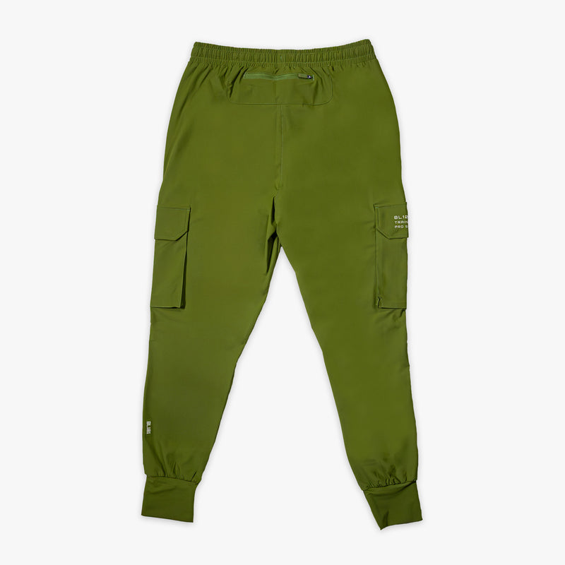 Olive green jogger cargo pants with drawstring waist, zippered top pockets utility cargo pockets, and white embroidered writing on pocket flap