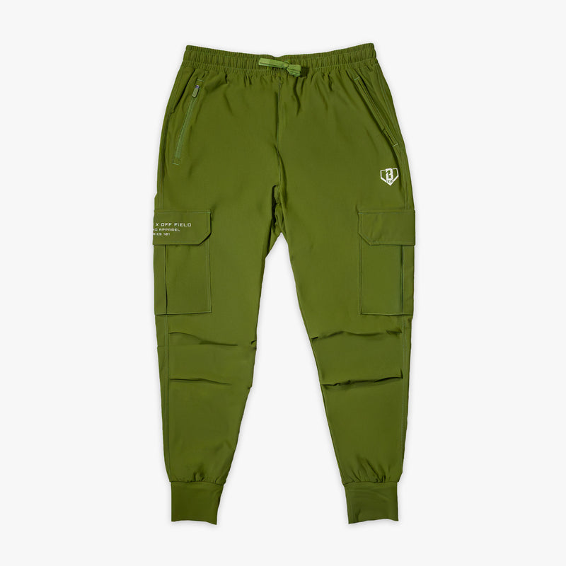 Olive green jogger cargo pants with drawstring waist, zippered pockets, utility cargo pockets, and white BL101 embroidered logo on side