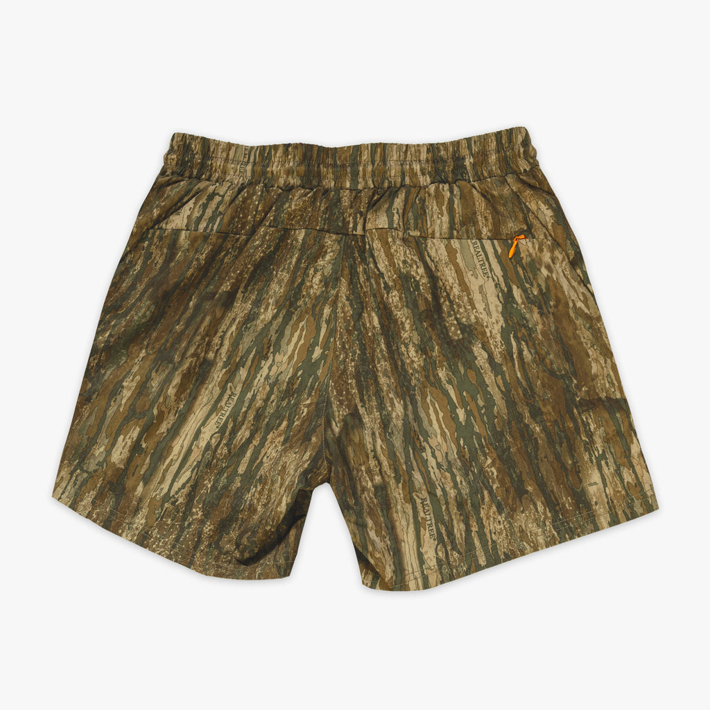 Multi-color Realtree Legacy Pro Series V2 Camo shorts with liner — back view