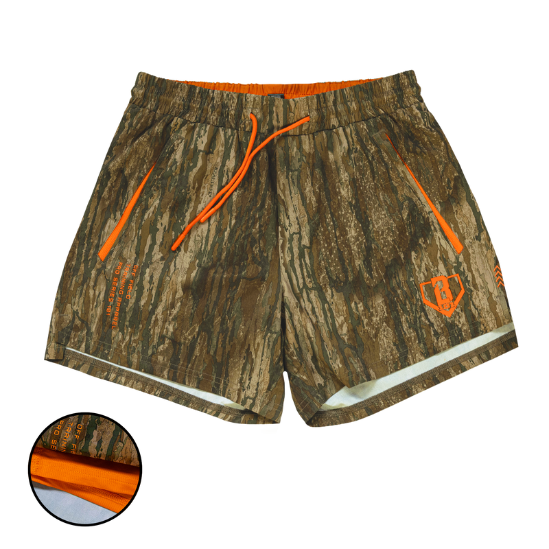 Multi-color Realtree Legacy Pro Series V2 Camo shorts with liner — front view
