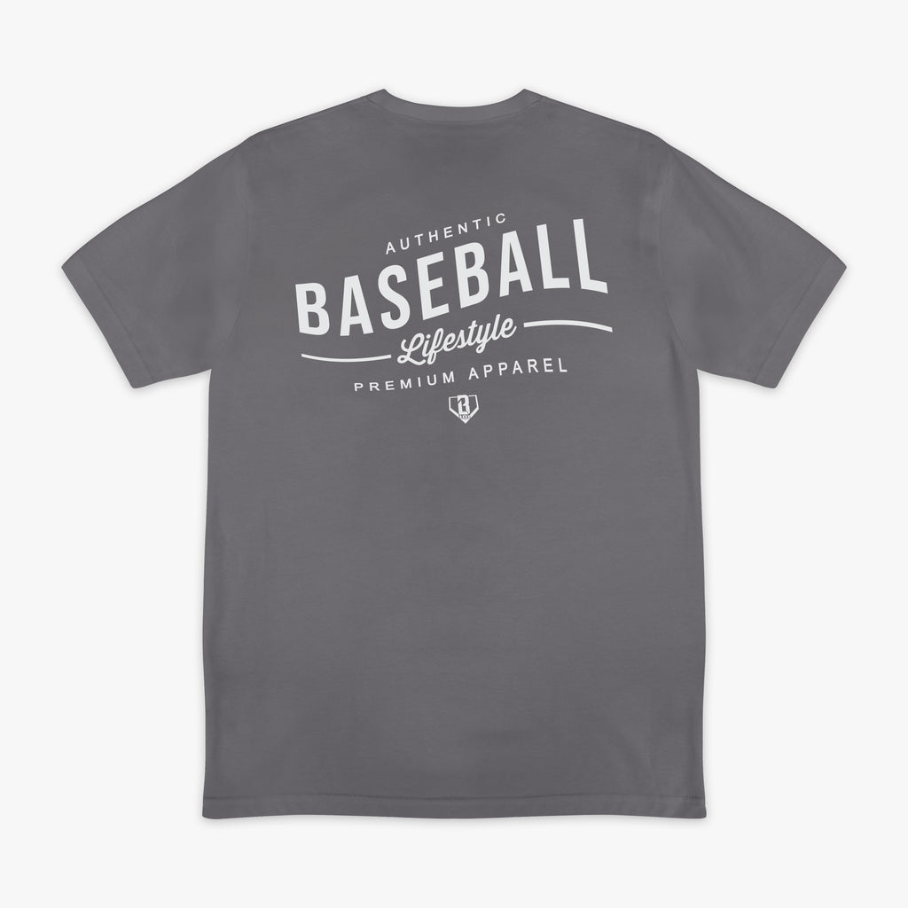 Gray t-shirt with 'Authentic Baseball Lifestyle Premium Apparel' text on the back against a white background