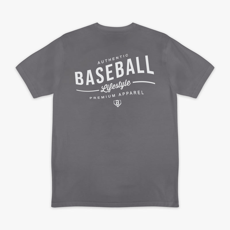 Gray t-shirt with 'Authentic Baseball Lifestyle Premium Apparel' text on the back against a white background