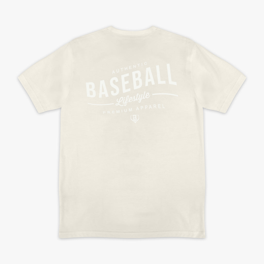 Beige t-shirt with 'Authentic Baseball Lifestyle PREMIUM APPAREL' text on a white background