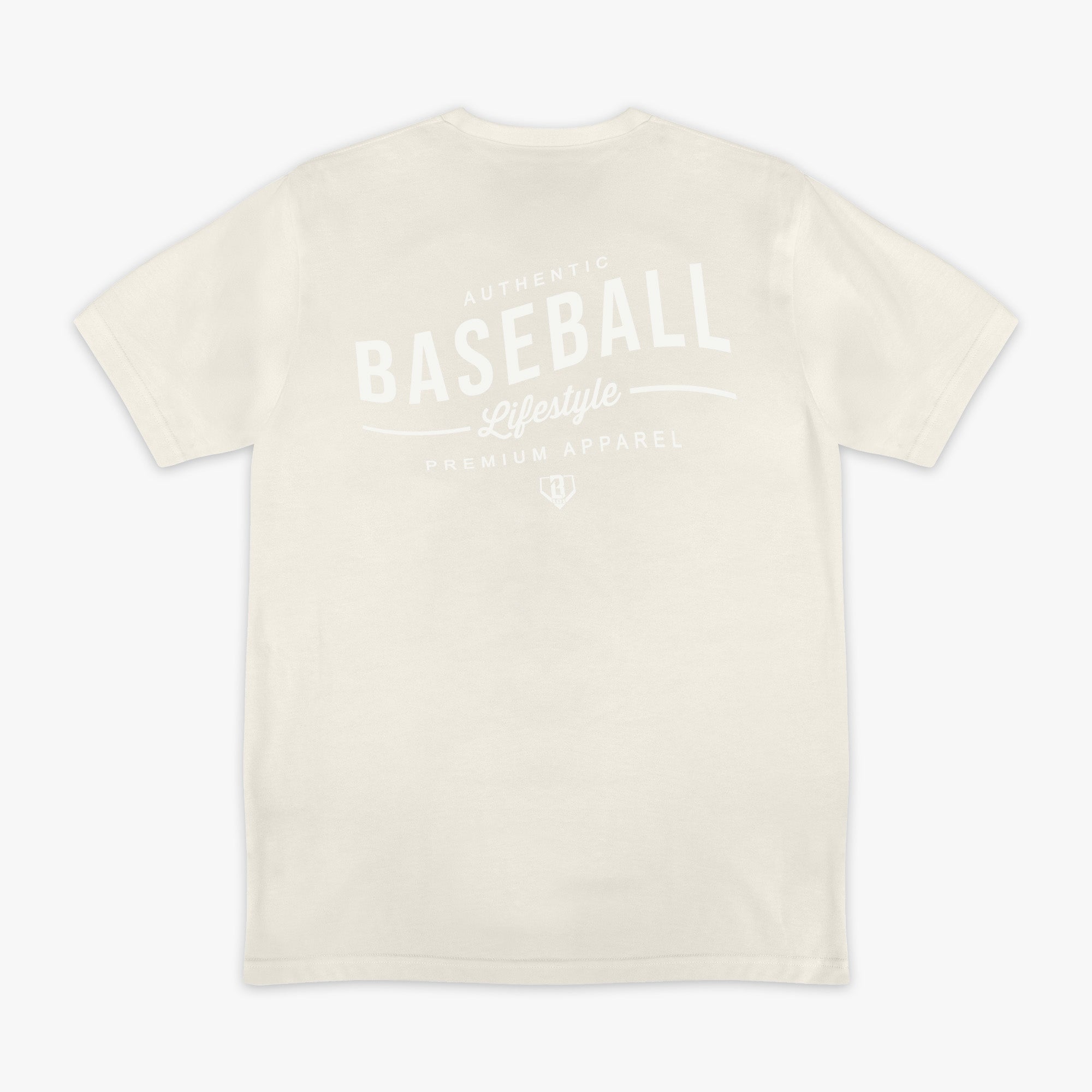 Beige t-shirt with 'Authentic Baseball Lifestyle PREMIUM APPAREL' text on a white background
