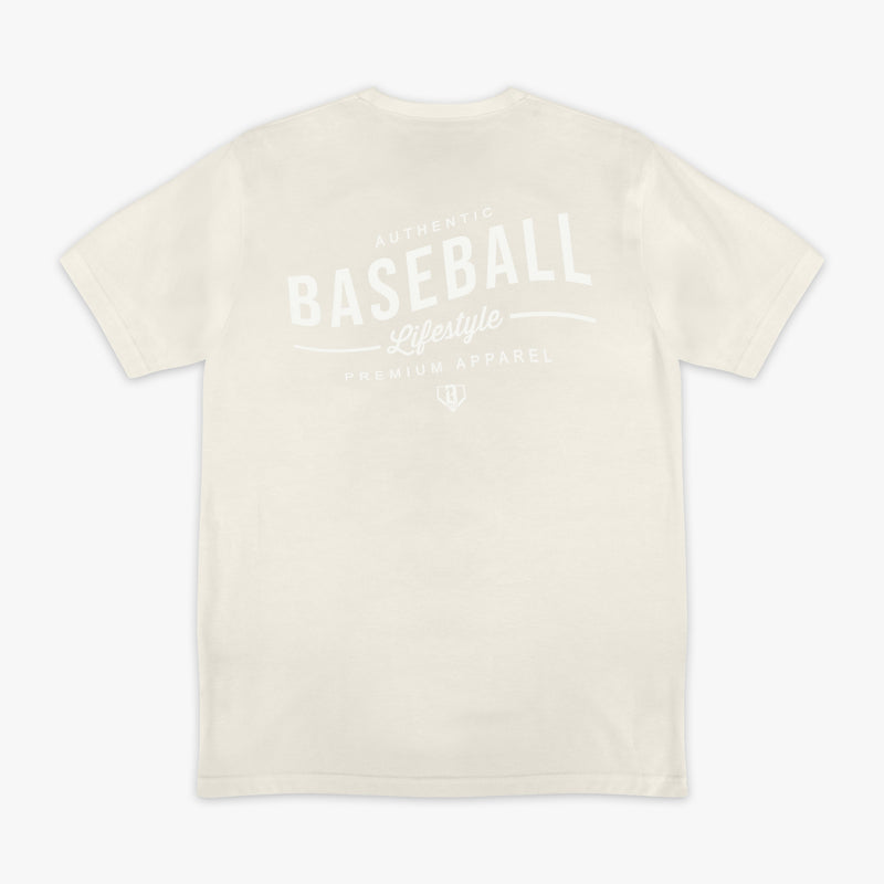 Beige t-shirt with 'Authentic Baseball Lifestyle PREMIUM APPAREL' text on a white background