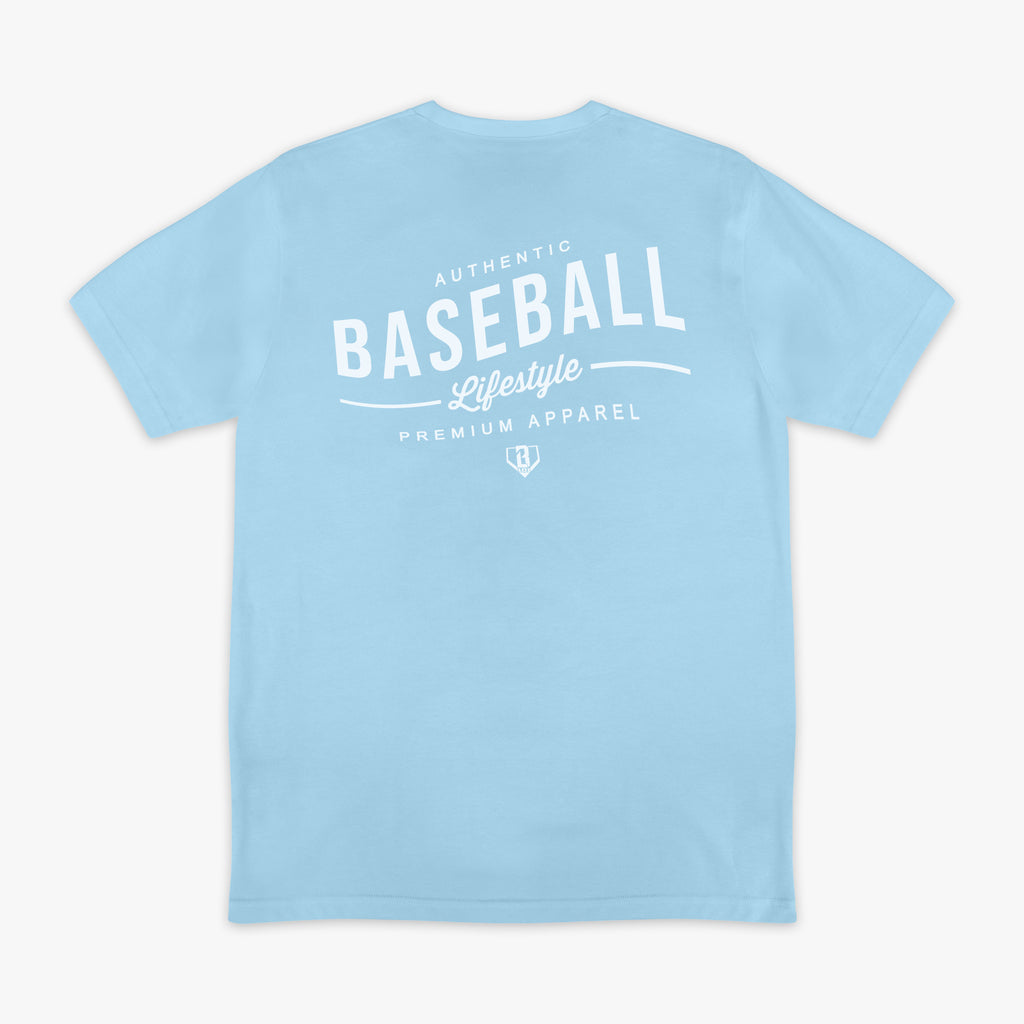 Light blue t-shirt with 'Authentic Baseball Lifestyle PREMIUM APPAREL' text on a white background