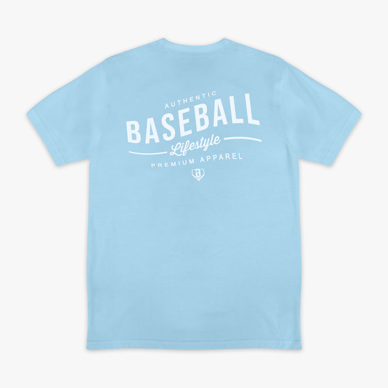 Light blue t-shirt with 'Authentic Baseball Lifestyle PREMIUM APPAREL' text on a white background