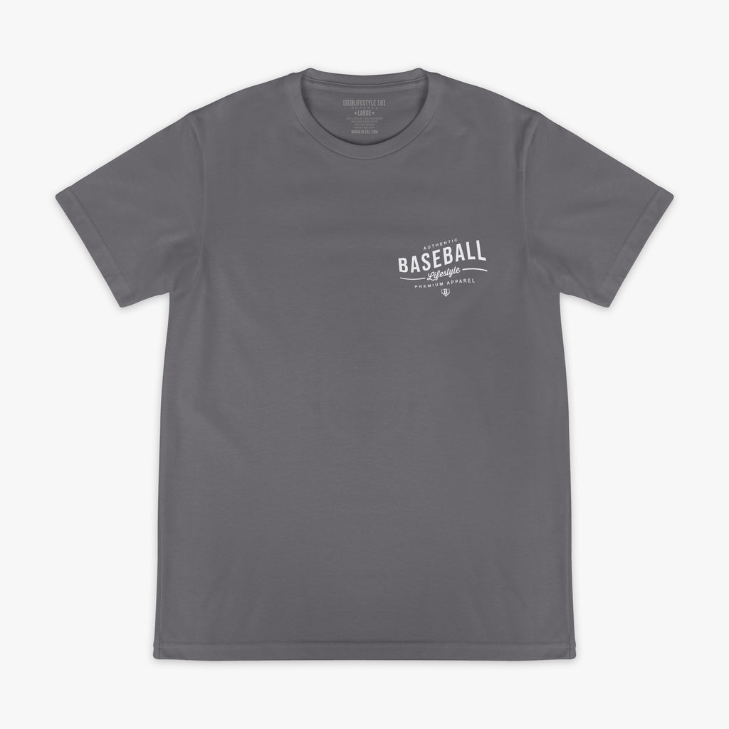 Gray t-shirt with 'Baseball Lifestyle' text on a white background