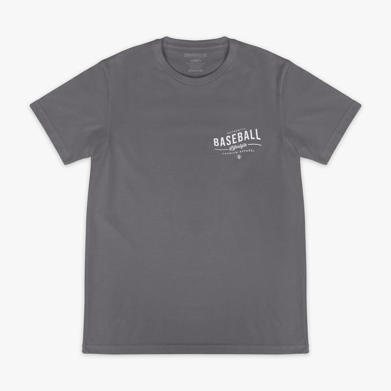 Gray t-shirt with 'Baseball Lifestyle' text on a white background