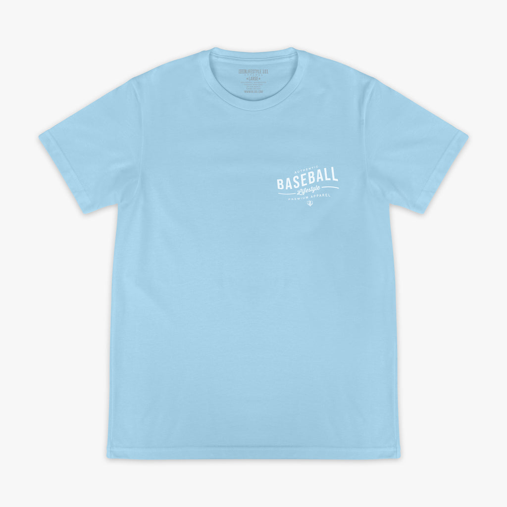 Light blue t-shirt with 'Authentic Baseball Lifestyle PREMIUM APPAREL' text on a white background