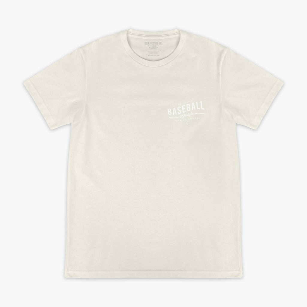 Beige t-shirt with 'Authentic Baseball Lifestyle PREMIUM APPAREL' text on a white background