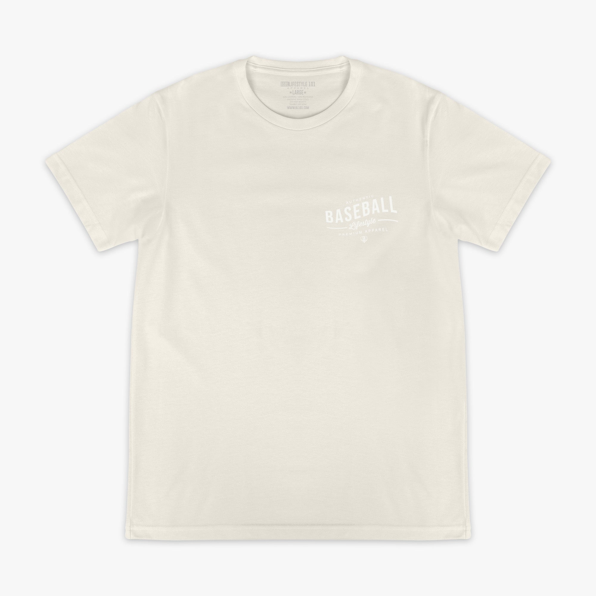 Beige t-shirt with 'Authentic Baseball Lifestyle PREMIUM APPAREL' text on a white background