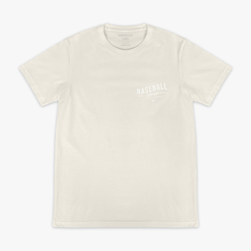 Beige t-shirt with 'Authentic Baseball Lifestyle PREMIUM APPAREL' text on a white background