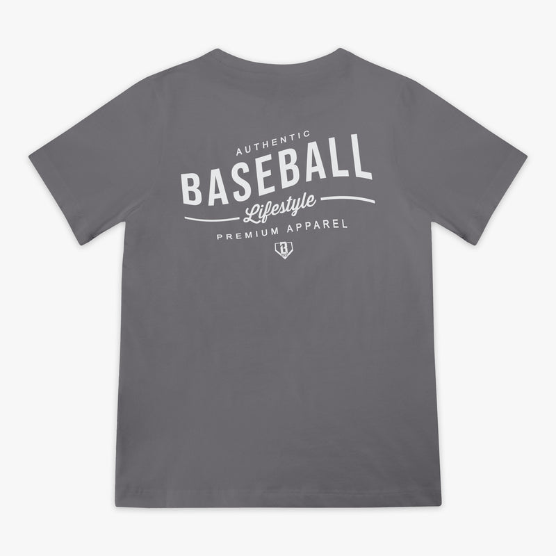 Gray t-shirt with 'Authentic Baseball Lifestyle Premium Apparel' text on the back against a white background