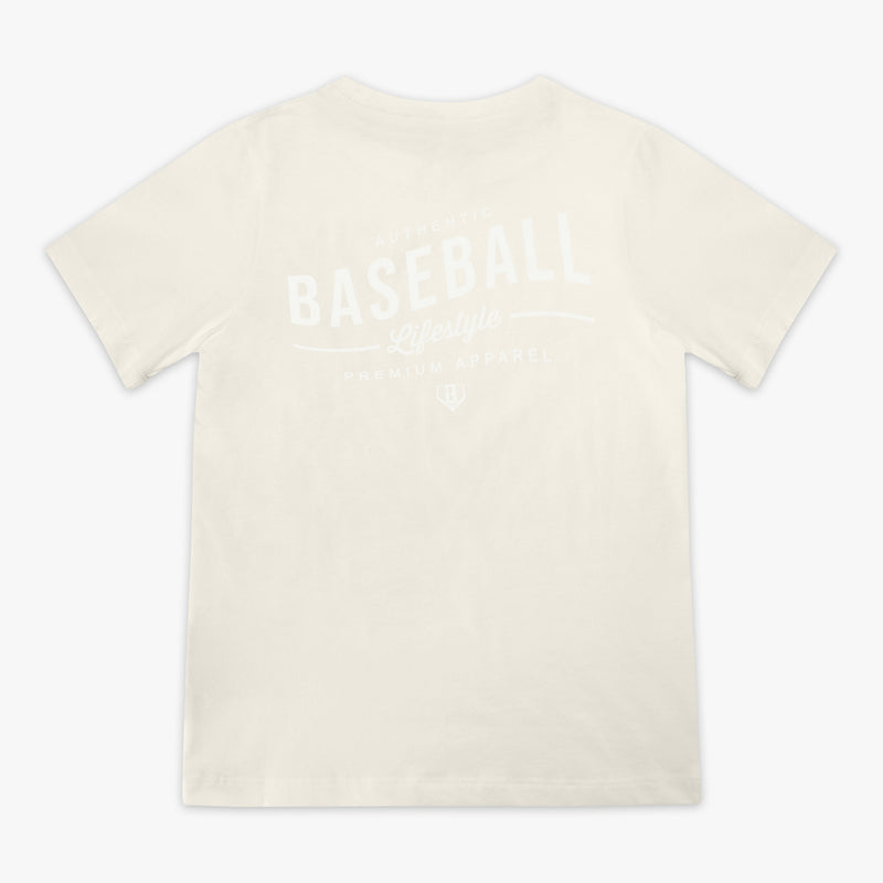Beige t-shirt with 'Authentic Baseball Lifestyle PREMIUM APPAREL' text on a white background
