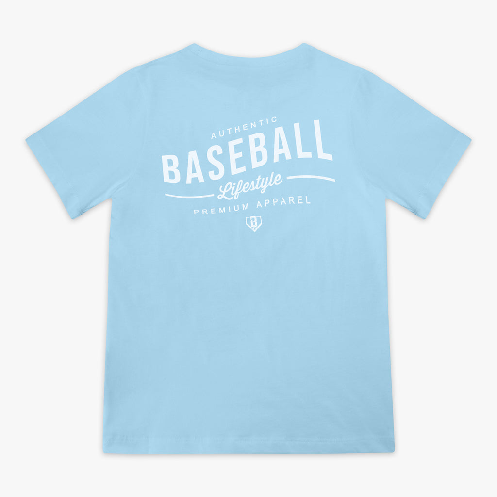 Light blue t-shirt with 'Authentic Baseball Lifestyle PREMIUM APPAREL' text on a white background