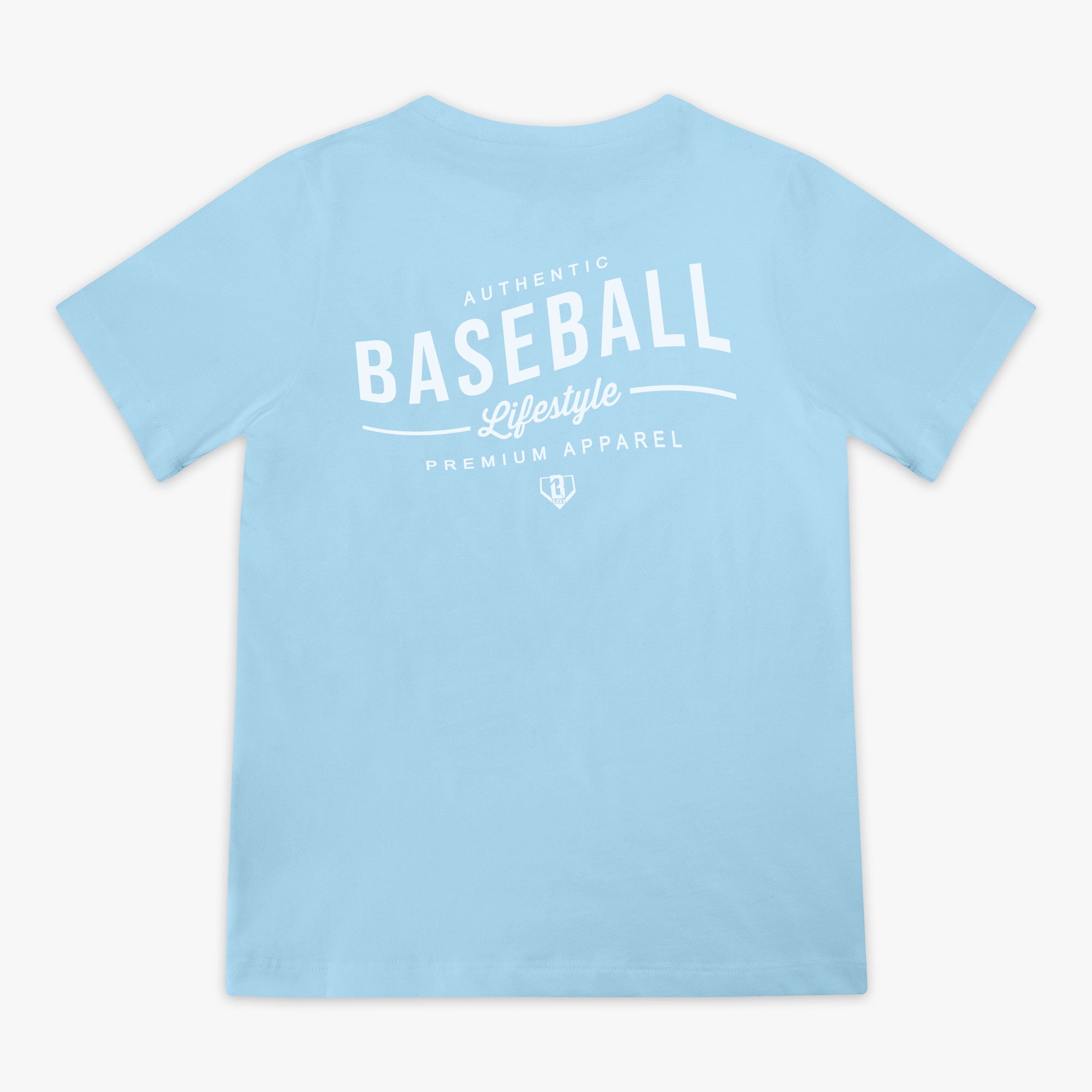 Light blue t-shirt with 'Authentic Baseball Lifestyle PREMIUM APPAREL' text on a white background