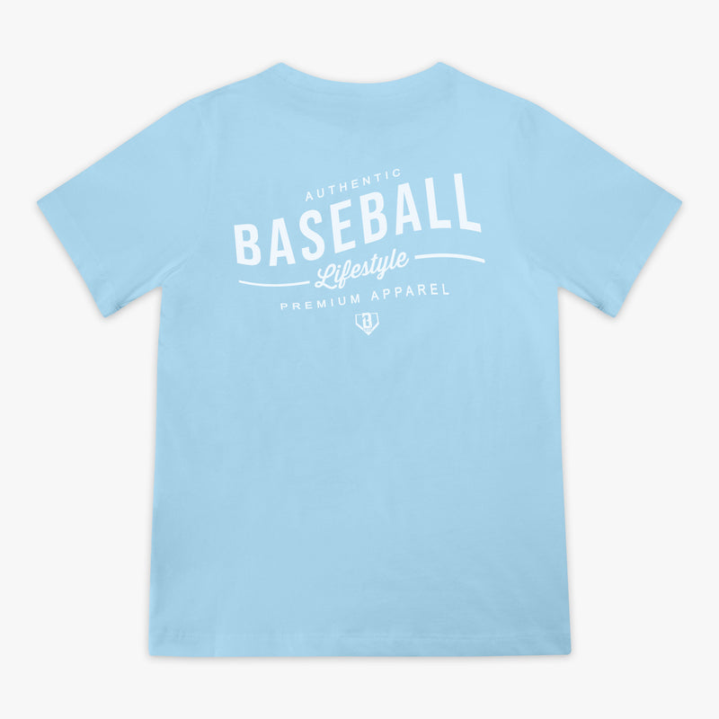 Light blue t-shirt with 'Authentic Baseball Lifestyle PREMIUM APPAREL' text on a white background