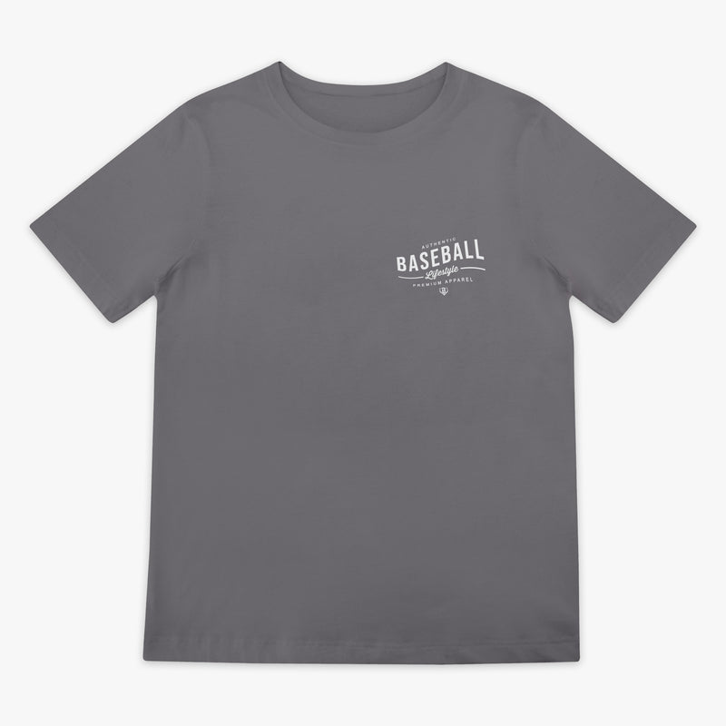 Gray t-shirt with 'Baseball Lifestyle' text on a white background