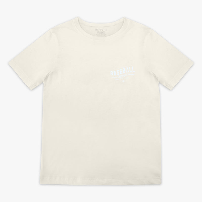 Beige t-shirt with 'Authentic Baseball Lifestyle PREMIUM APPAREL' text on a white background