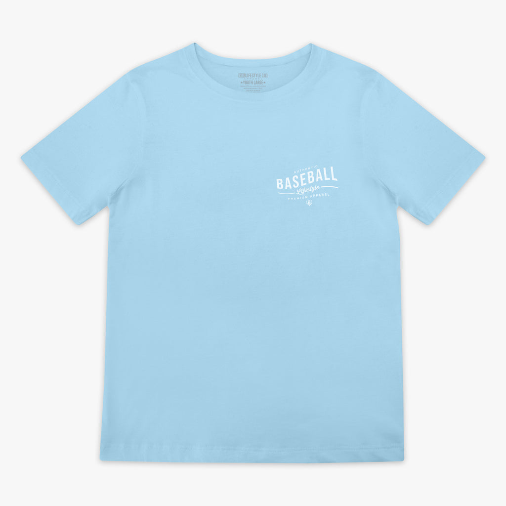 Light blue t-shirt with 'Authentic Baseball Lifestyle PREMIUM APPAREL' text on a white background