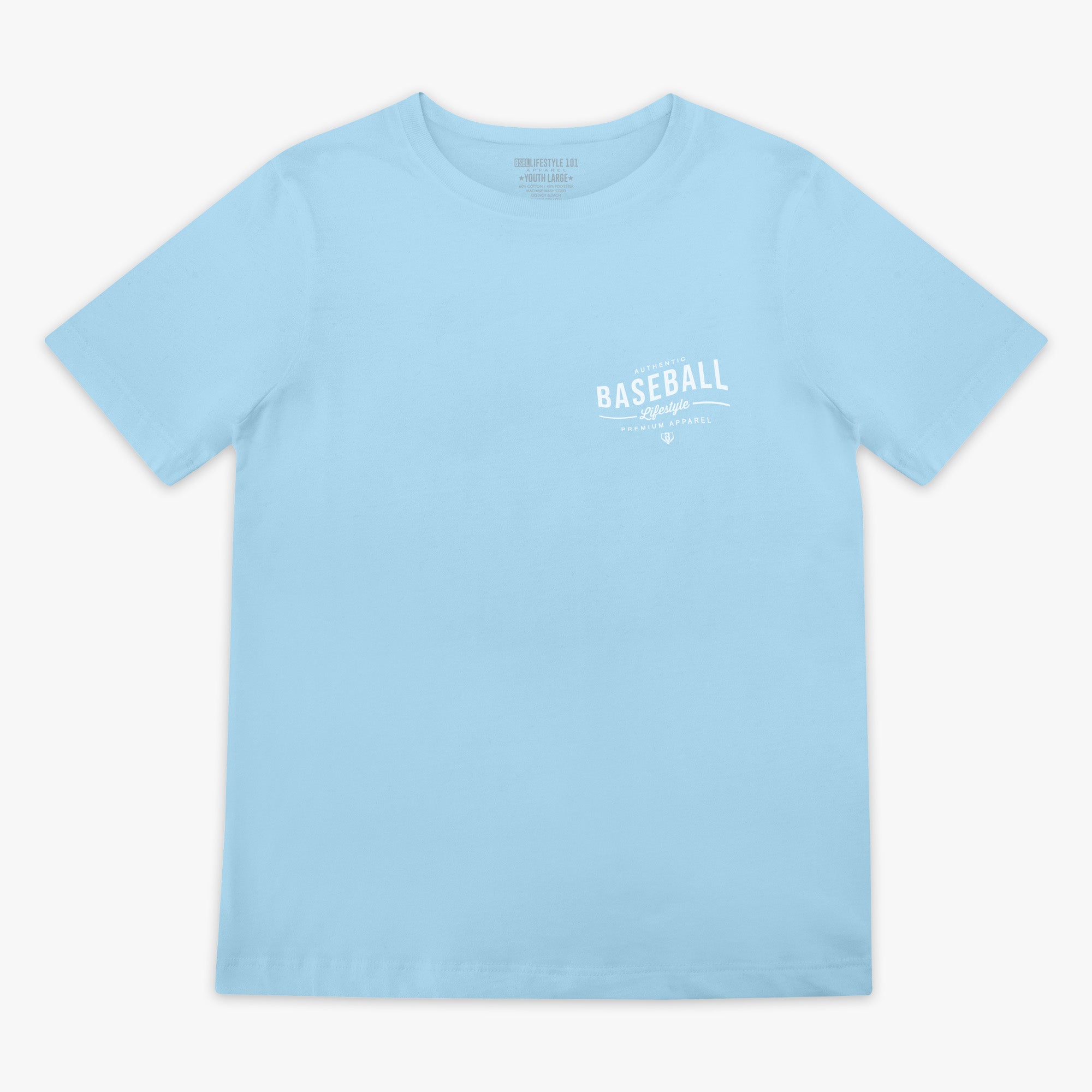 Light blue t-shirt with 'Authentic Baseball Lifestyle PREMIUM APPAREL' text on a white background