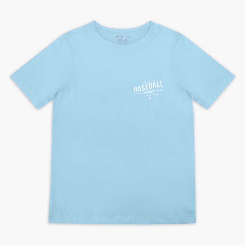 Light blue t-shirt with 'Authentic Baseball Lifestyle PREMIUM APPAREL' text on a white background