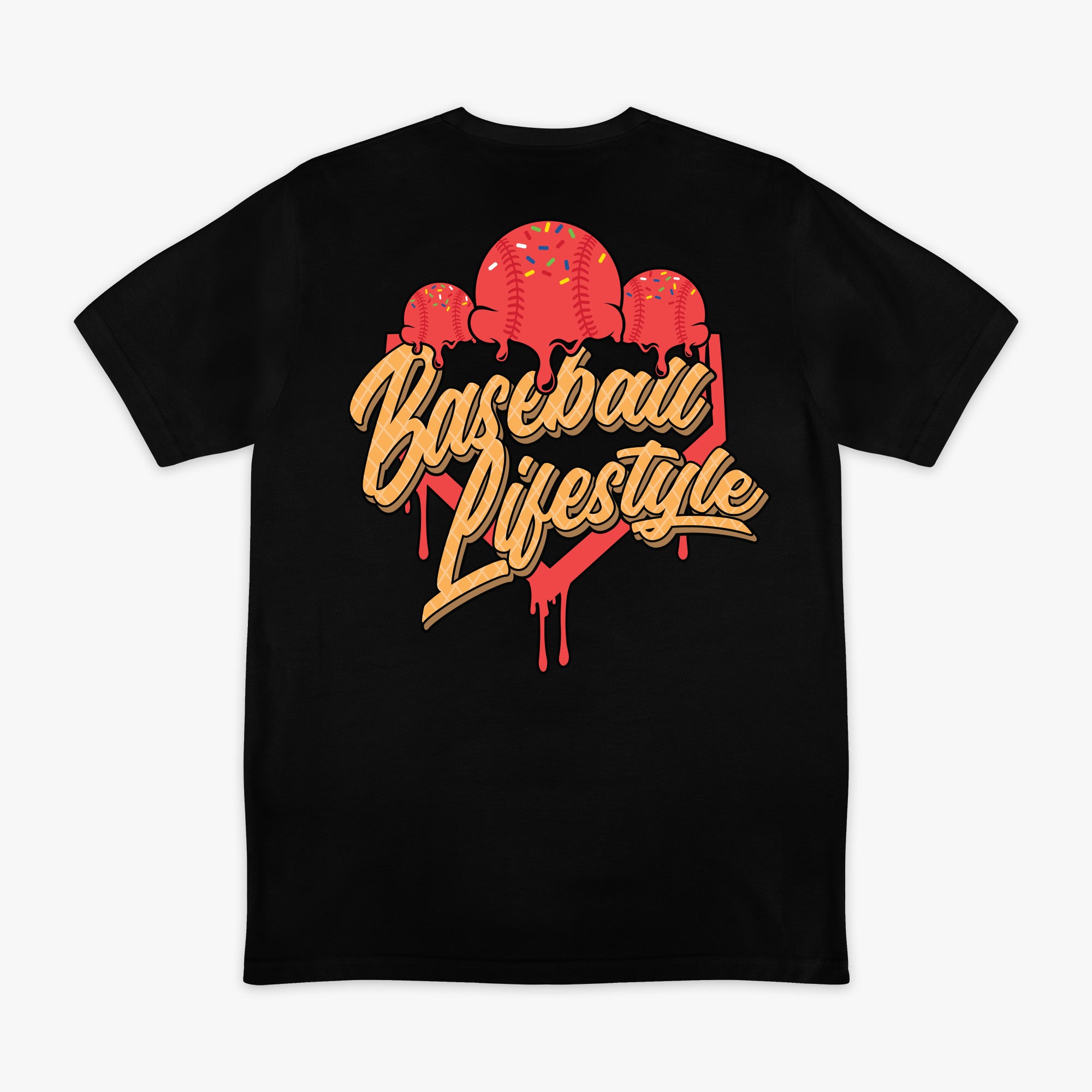 Black t-shirt with 'Baseball Lifestyle' ice cream graphic design on a white background