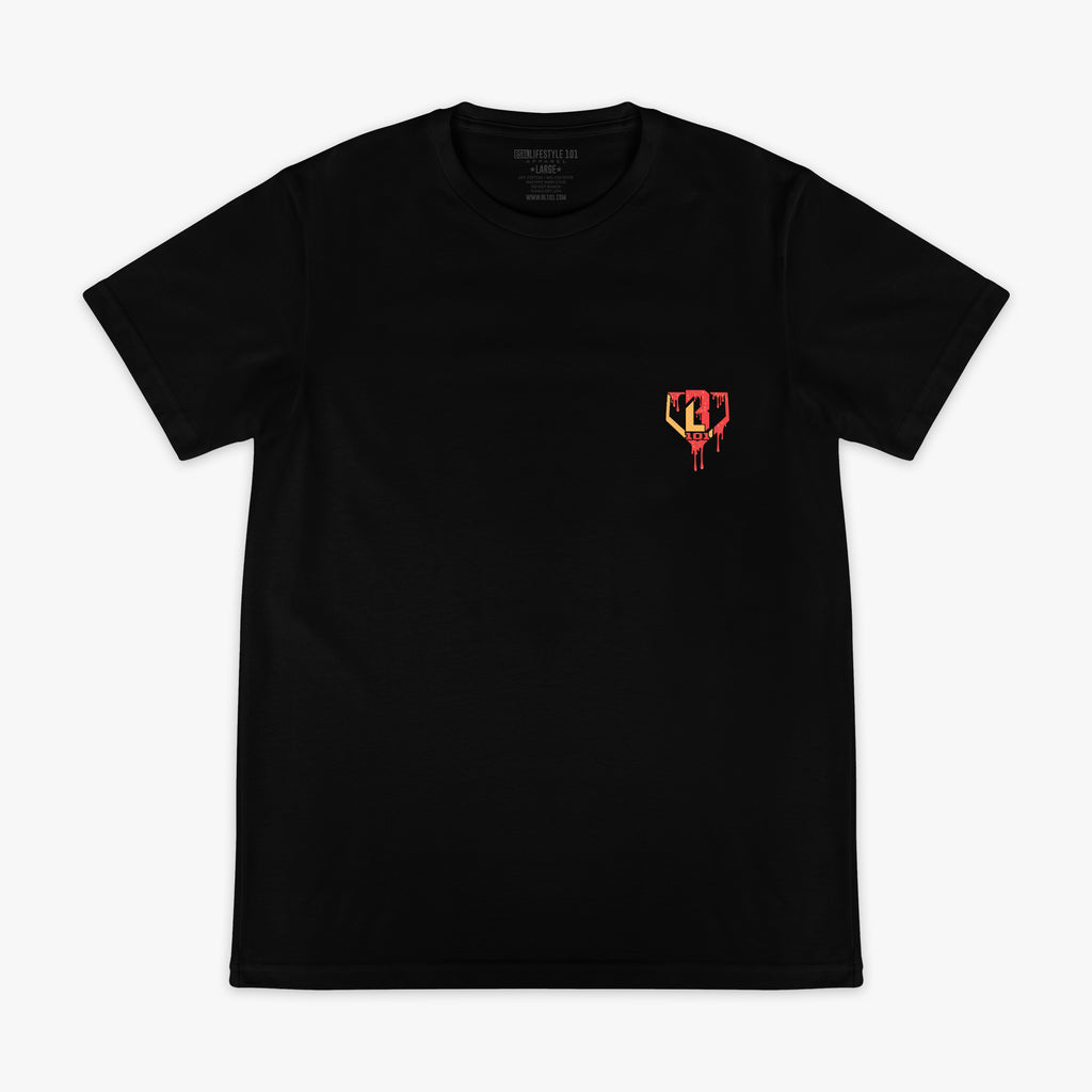 Black t-shirt with a small red and orange BL 101 logo on the chest against a white background