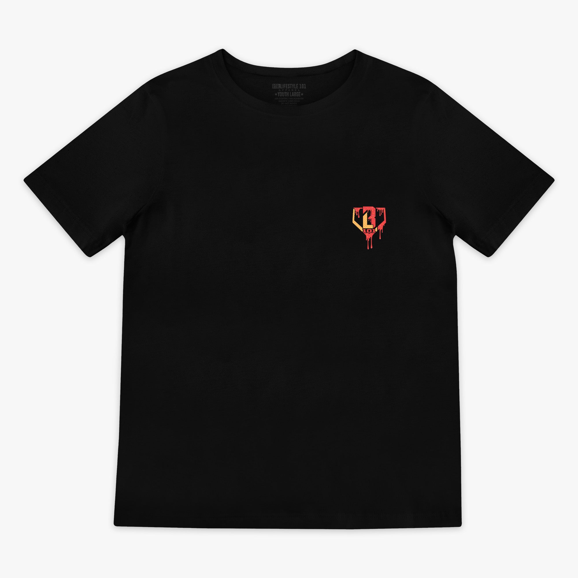 Black t-shirt with a small red and yellow BL101 logo on the chest against a white background