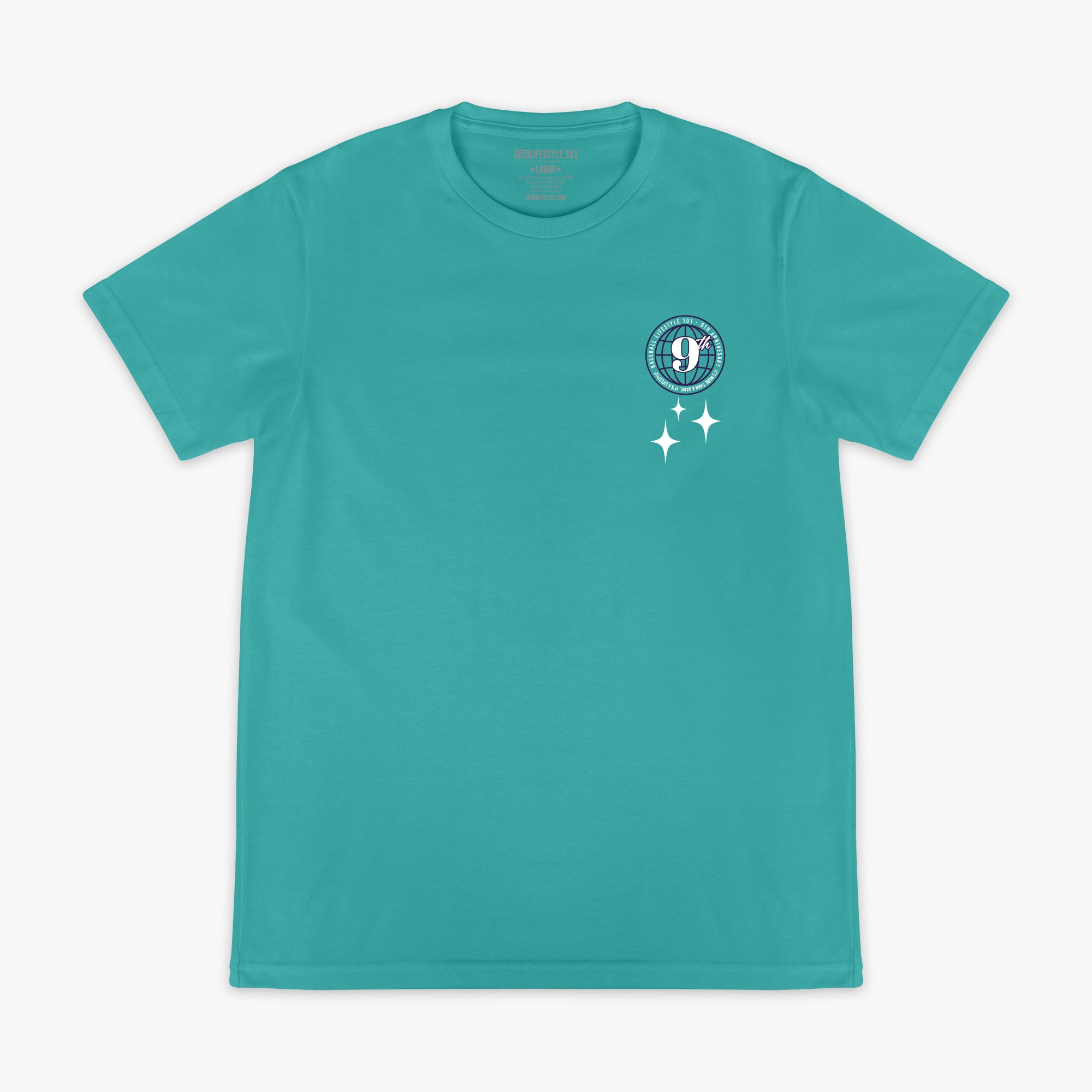 Teal t-shirt with a small 9th logo on the chest against a white background