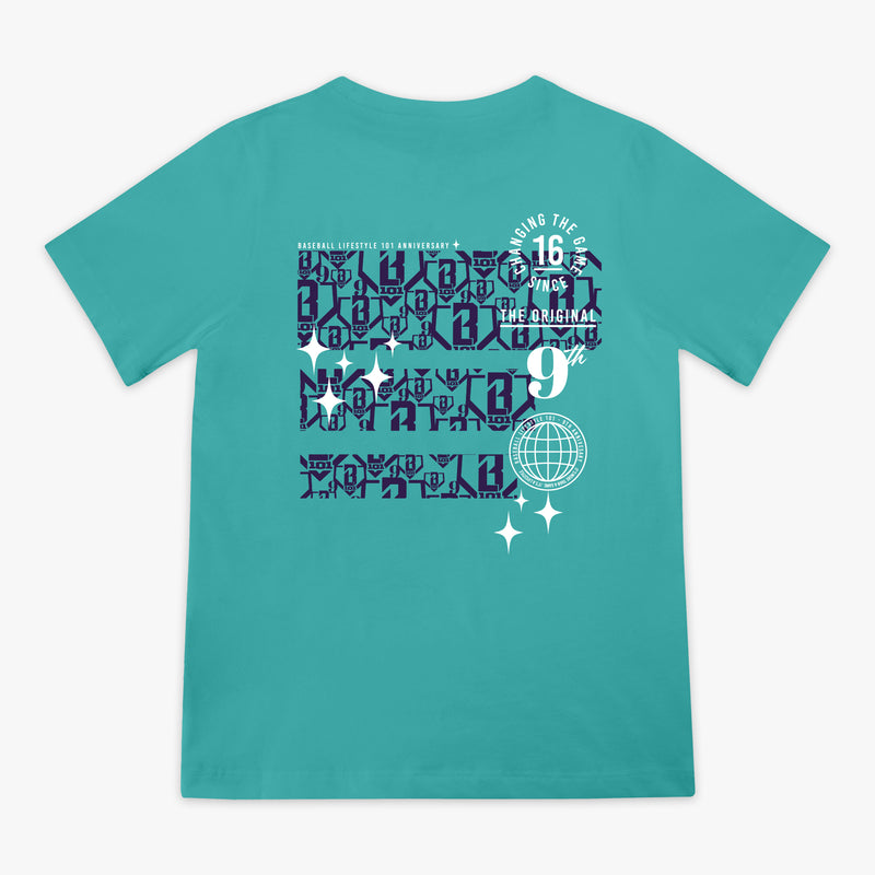 Teal t-shirt with purple BL101 logo graphic design and 'The original 9th Anniversary' text on the back against a white background