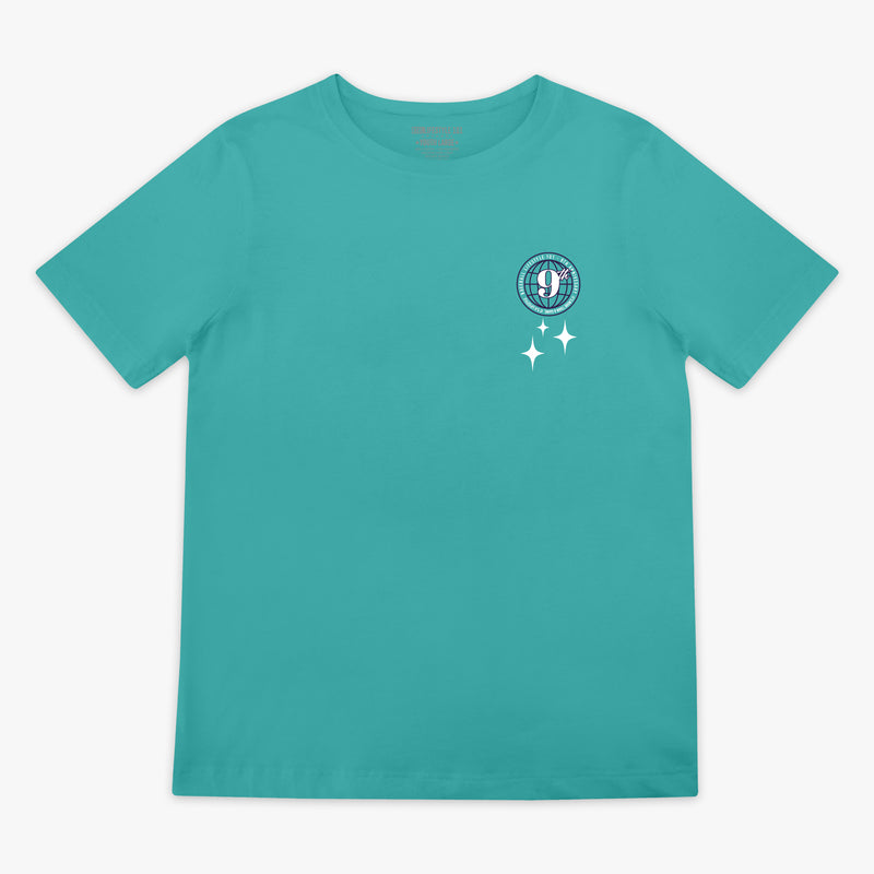 Teal t-shirt with a small 9th logo on the chest against a white background