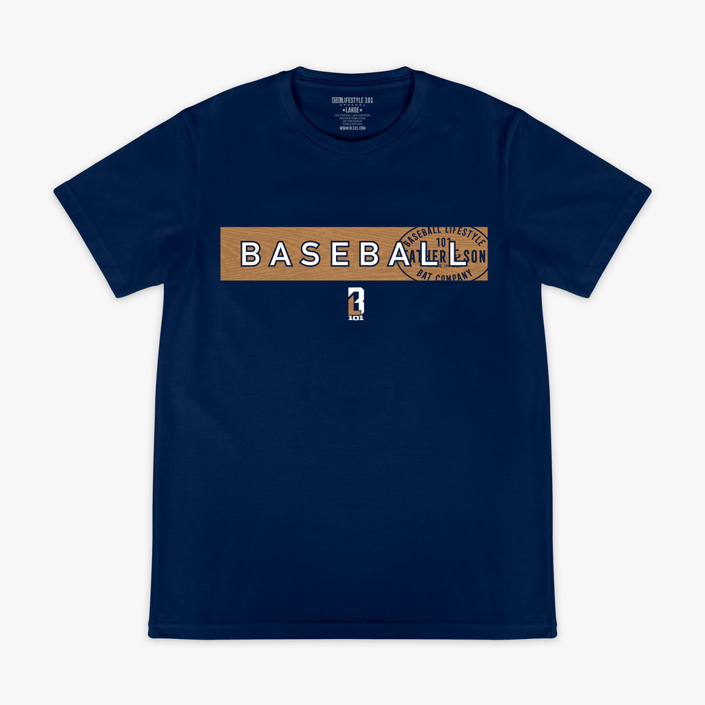 Flat lay front view of the BL101 Radar Tee in navy featuring a wood grain baseball bat graphic with BASEBALL lettering and Father & Son Bat Company stamp overlaid on the chest, with the BL101 logo below.